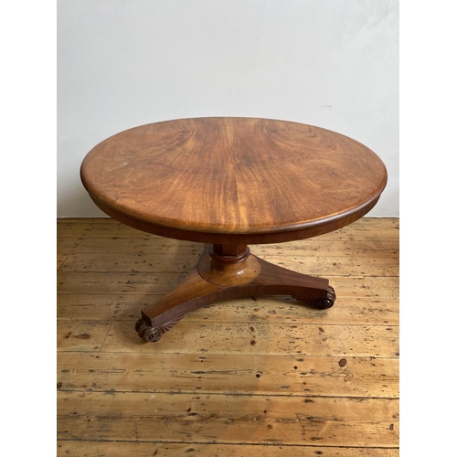 17 - VICTORIAN MAHOGANY TILT TOP BREAKFAST TABLE ON TAPERED OCTAGONAL COLUMN TRIPOD BASE, 180cm dia