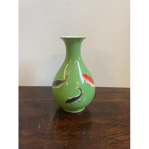 69 - GREEN GLAZED KOI DECORATED BOLSTER VASE 15cm high