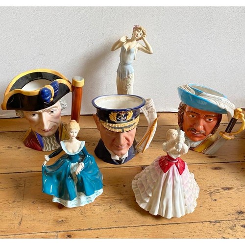 73 - 3 ROYAL DOULTON FIGURINES,  AND 3 CHARACTER JUGS DEPICTING HISTORIC NAVAL FIGURES, 'ADMIRAL LORD ST ... 