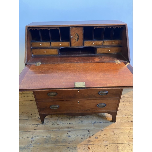 44 - LATE GEORGE III MAHOGANY CROSSBANDED BUREAU, CIRCA 1810 FULL FRONT FITTED INTERIOR, FOUR LONG GRADUA... 