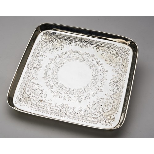 190 - VICTORIAN SILVER CARD TRAY RICHARD MARTIN 7 EBENEZER HALL, LONDON 1880the square tray with bright cu... 