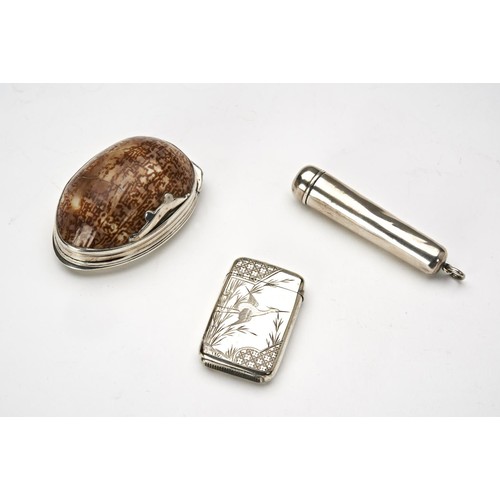 197 - GEORGIAN SILVER MOUNTED COWRIE SHELL SNUFF BOX 18TH CENTURY together with an Aesthetic style vesta; ... 