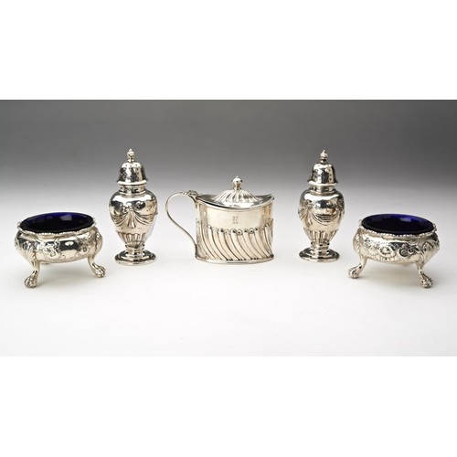 199 - PAIR OF GEORGE II SILVER SALTS LONDON 1742 with repousse decoration raised on three shell cast paw f... 