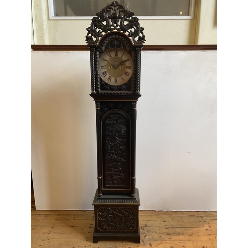 222 - ANGLO-CHINESE EBONISED LONGCASE CLOCKSHANGHAI, EARLY 20TH CENTURY the case carved throughout with dr... 