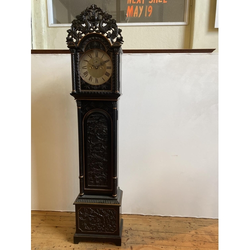 222 - ANGLO-CHINESE EBONISED LONGCASE CLOCKSHANGHAI, EARLY 20TH CENTURY the case carved throughout with dr... 