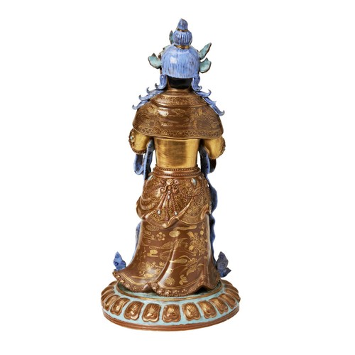 55 - RARE IMITATION BRONZE AND ROBINS EGG-GLAZED AND GILT STANDING BODHISATTVAQING DYNASTY, 18TH / 19TH C... 