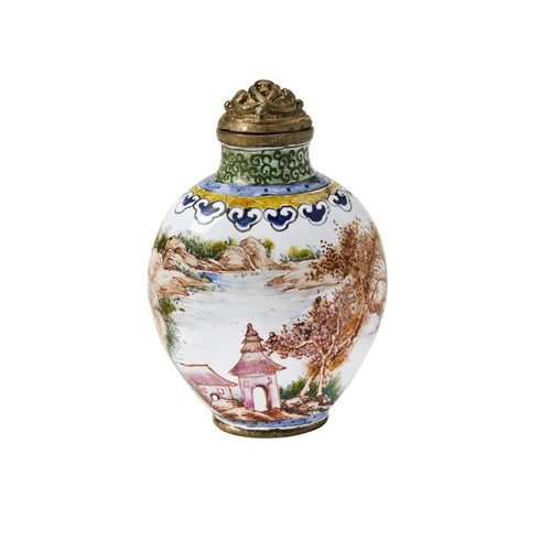 80 - ENAMEL 'LANDSCAPE' SNUFF BOTTLEQIANLONG FOUR CHARACTER MARK AND POSSIBLY OF THE PERIODthe ovoid side... 