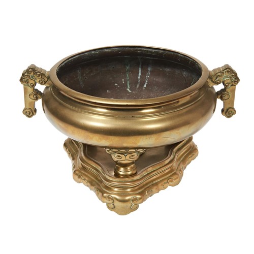 117 - LARGE GILT-BRONZE TRIPOD CENSER AND STANDQING DYNASTYof compressed baluster form, with twin angular ... 