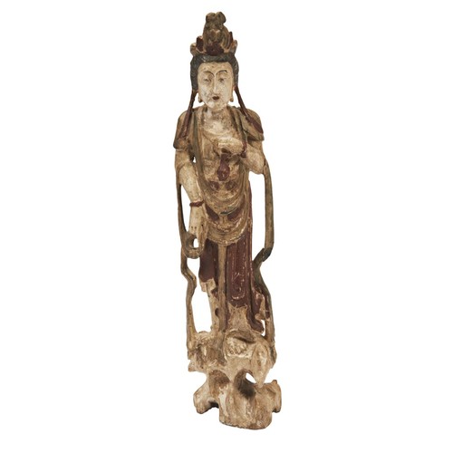 155 - PAINTED WOOD FIGURE OF GUANYINMING / QING DYNASTYthe standing deity wearing a headdress and holding ... 