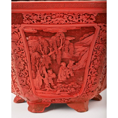 193 - FINE CARVED CINNABAR LACQUER HEXAGONAL JARDINIEREQIANLONG PERIODthe rim carved with lotus flowers an... 