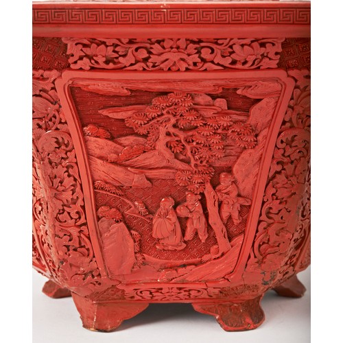 193 - FINE CARVED CINNABAR LACQUER HEXAGONAL JARDINIEREQIANLONG PERIODthe rim carved with lotus flowers an... 