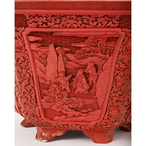 193 - FINE CARVED CINNABAR LACQUER HEXAGONAL JARDINIEREQIANLONG PERIODthe rim carved with lotus flowers an... 