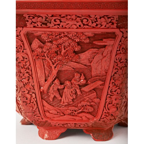 193 - FINE CARVED CINNABAR LACQUER HEXAGONAL JARDINIEREQIANLONG PERIODthe rim carved with lotus flowers an... 