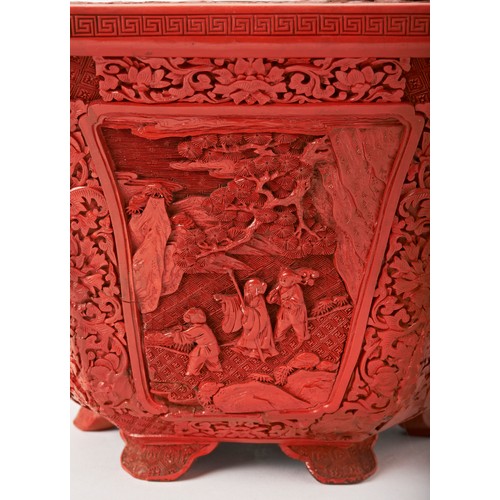 193 - FINE CARVED CINNABAR LACQUER HEXAGONAL JARDINIEREQIANLONG PERIODthe rim carved with lotus flowers an... 