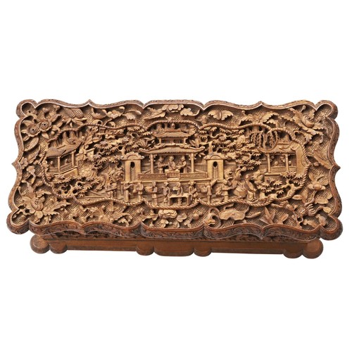 198 - FINE CANTON CARVED WOOD BOX QING DYNASTY, 19TH CENTURYprofusely carved throughout in relief with fig... 