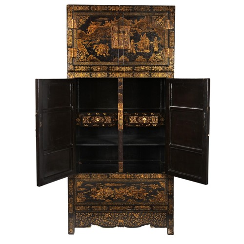 232 - BLACK LACQUER AND GILT COMPOUND CABINET (SIJIANGUI)QIANLONG SIX CHARACTER MARK BUT LATER QING DYNAST... 