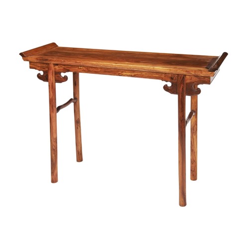 244 - HUANGHUALI ALTAR TABLE 20TH CENTURYin the Ming style, the panelled top with scroll, raised on turned... 