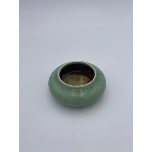 277 - SMALL CELADON-GLAZE BRUSH WASHERQIANLONG SEAL MARK BUT LATERof squat baluster form, bears old Spink ... 