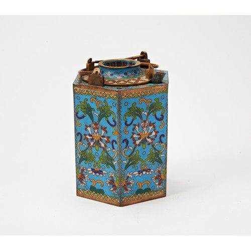 289 - HEXAGONAL CLOISONNE WINE WARMER LATE QING DYNASTYthe sides decorated in coloured enamels with lotus ... 