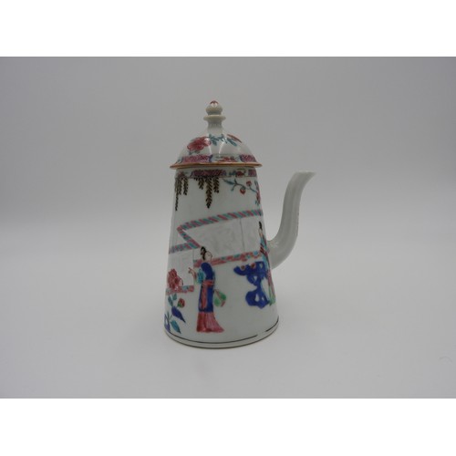 270 - FAMILLE ROSE COFFEE POT AND COVERYONGZHENG PERIODthe tapered cylindrical sides painted with elegant ... 