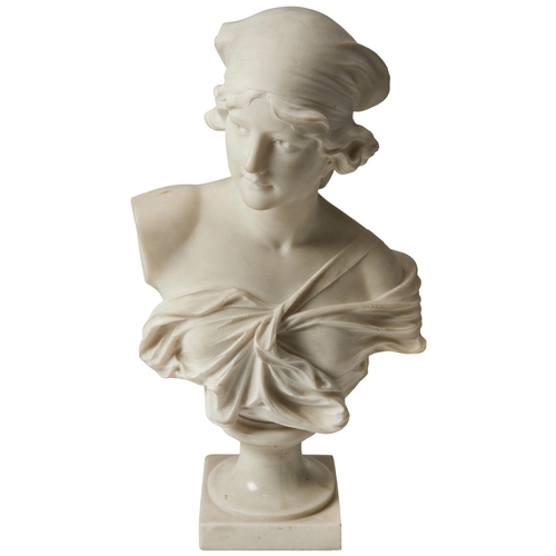 110 - U. DEL BIANCOA WHITE MARBLE BUST OF A MAIDENCIRCA 1910her hair tied with a headscarf, mounted on a s... 