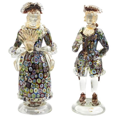 234 - A PAIR OF VECCHIA MURANO GLASS FIGURESmodelled as an 18th century woman and and a man, one bearing a... 