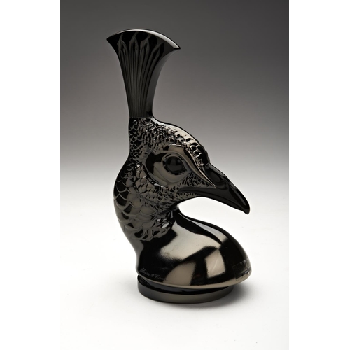 208 - A MODERN LALIQUE 'PEACOCK' BLACK, OXIDE FINISHED CAR MASCOT on a metal circular stand, engraved 'Lal... 