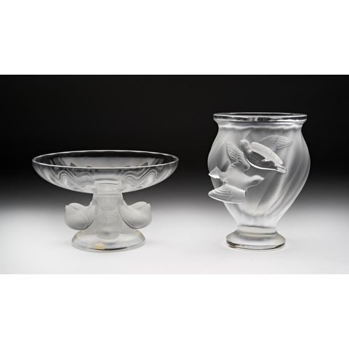 218 - A MODERN LALIQUE 'NOGENT' PEDESTAL BOWL and a modern frosted 'bird' vase, signed 'Lalique (R) France... 