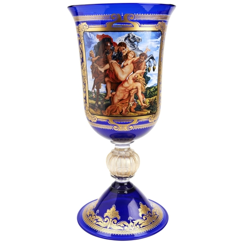 227 - A LARGE MURANO COBALT BLUE GLASS BALUSTER VASEthe bowl decorated in panels of 24 carat gold and whit... 