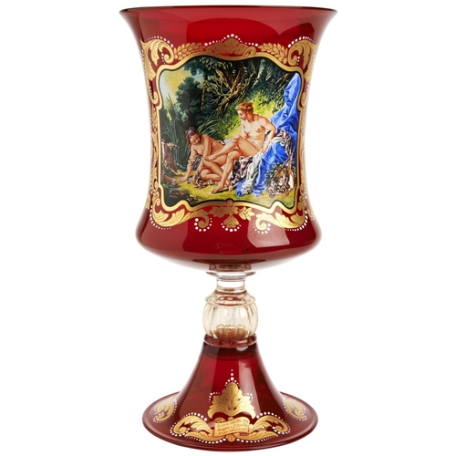 228 - A MURANO RED GLASS BALUSTER VASEthe bowl decorated in gilt with a hand-painted panel depicting 'Dian... 