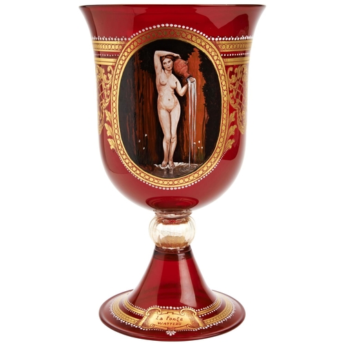 229 - A MURANO RED GLASS BALUSTER VASEthe bowl decorated in gilt with a hand-painted panel depicting 'La F... 