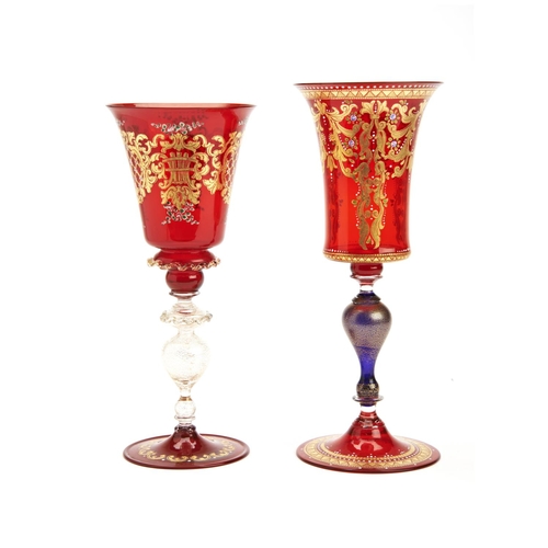 230 - A MURANO GOBLET the red bowl with gilt trellis and enamelled decoration and hollow gold-splash knop ... 