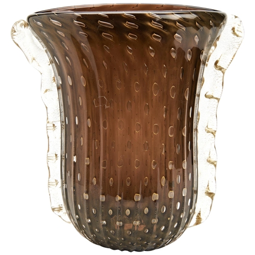 232 - A LARGE MURANO VASE BY ROSSIthe ribbed amethyst brown body with bubble inclusions and crimped decora... 