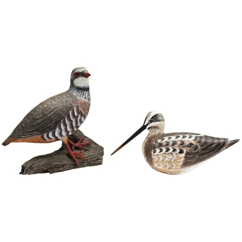 61 - A FIGURE OF A RED LEGGED PARTRIDGE on a wooden base with branded mark ‘M W’, a grey partridge, a duc... 