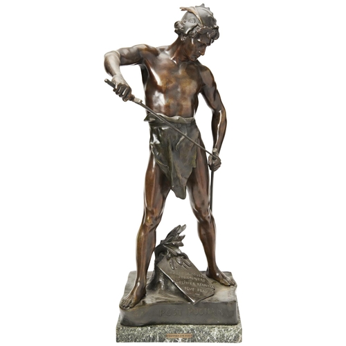 76 - AFTER EMILE-LOUIS PICAULTPRO PUGNAM (AFTER THE FIGHT)a patinated spelter figure mounted on a green v... 