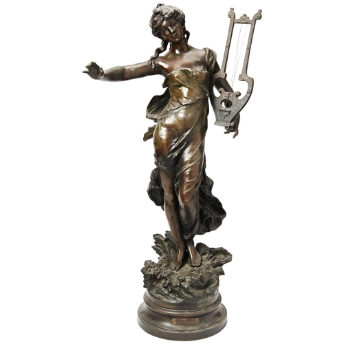 77 - AFTER AUGUSTE MOREAUGENIE DE LA MUSIQUEa large patinated spelter figure with integral socle base84 c... 