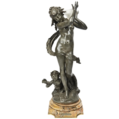 88 - AFTER AUGUST MOREAUAMPHITRITEa large spelter figural lamp, mounted on a shaped ‘Sienna’ marble base,... 