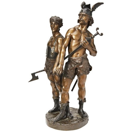 91 - AFTER EMILE LAPORTE'PRO PATRIA' (BRONZE FIGURAL GROUP OF A GAUL WARRIOR AND HIS SON)a coloured patin... 