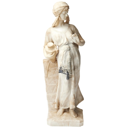 92 - ALBERTO SACCARDIAN ALABASTER FIGURE OF AN ‘ORIENTAL BEAUTY’ HOLDING AN URNher decorated headdress ov... 