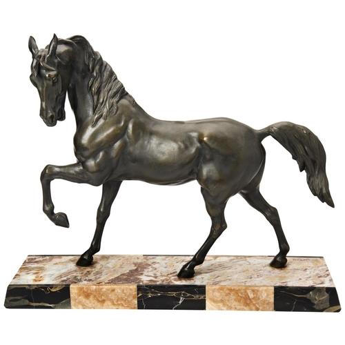 94 - MANNER OF CHARLES VALTONA FRENCH PATINATED SPELTER FIGURE OF A HORSE on a multi-coloured veneered ma... 