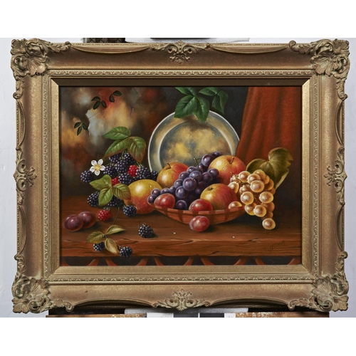 242 - JOHN F. SMITH (b.1934)STILL LIFE OF FRUITsigned lower right, oil on board, framed (pair)31cm high, 4... 