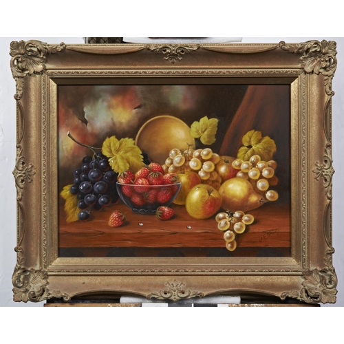 242 - JOHN F. SMITH (b.1934)STILL LIFE OF FRUITsigned lower right, oil on board, framed (pair)31cm high, 4... 