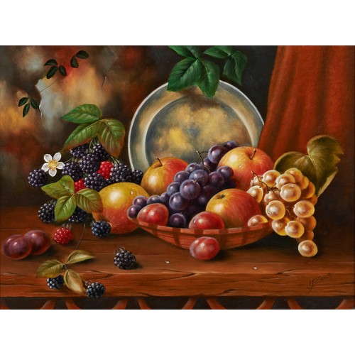 242 - JOHN F. SMITH (b.1934)STILL LIFE OF FRUITsigned lower right, oil on board, framed (pair)31cm high, 4... 