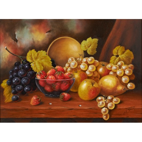 242 - JOHN F. SMITH (b.1934)STILL LIFE OF FRUITsigned lower right, oil on board, framed (pair)31cm high, 4... 