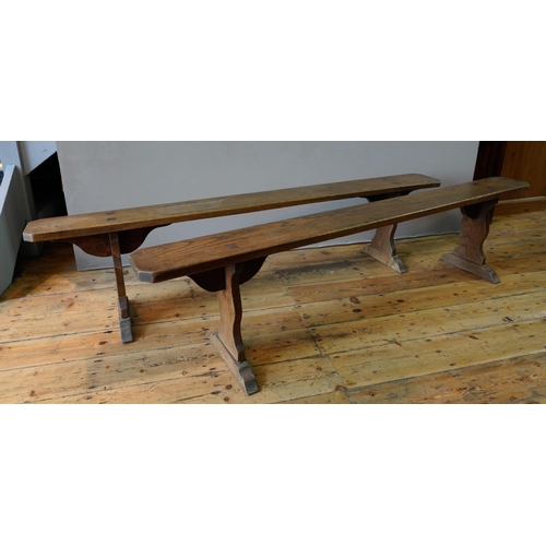 33 - PAIR OF FRENCH 19th CENTURY OAK FARMHOUSE BENCHES, 200cm long, 21cm wide, 43cm high)