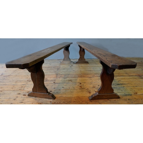 33 - PAIR OF FRENCH 19th CENTURY OAK FARMHOUSE BENCHES, 200cm long, 21cm wide, 43cm high)