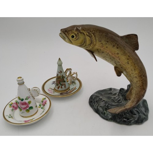 202 - A BESWICK POTTERY ‘TROUT’impressed ‘1032 trout’, a 19th century Worcester cone on base candle snuffe... 