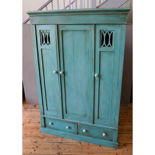 31 - TEAL BLUE PAINTED 19th CENTURY CONTINENTAL PINE 2-DOOR WARDROBE with 2 drawers below and 2 glazed pa... 