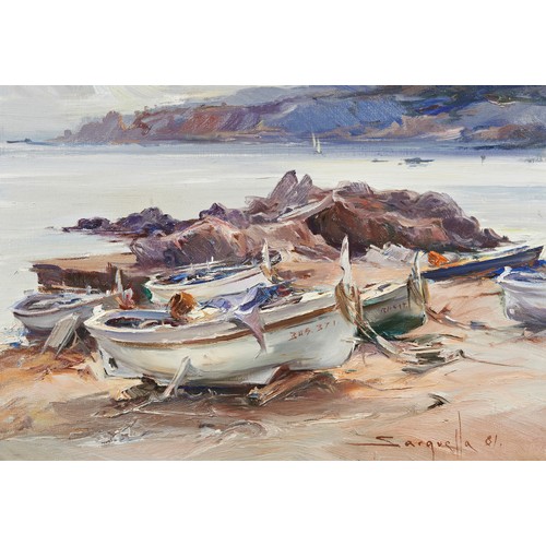 248 - JOSEP SARQUELLA (SPANISH 1928-2000)FISHING BOATSsigned and dated 81', oil on canvas, framed39cm high... 