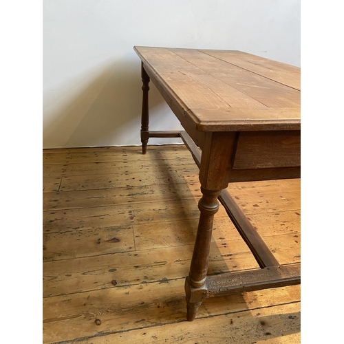 5 - FRENCH TURNED LEG STRETCHER BAR FARMHOUSE TABLE, 147cm long, 76cm wide, 77cm high